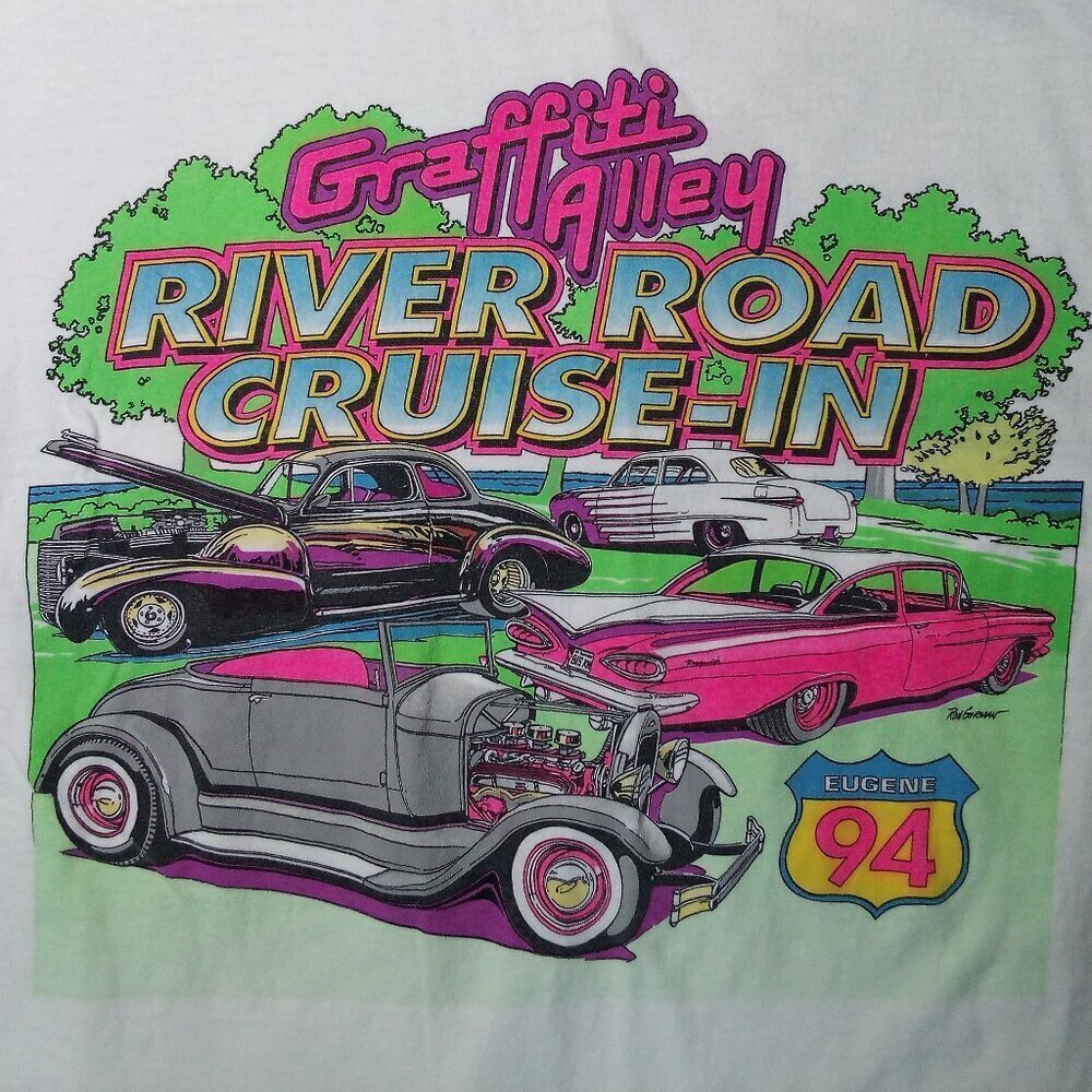 Vintage Graffiti Alley River Road Cruisin' Classic Cars Neon T-Shirt